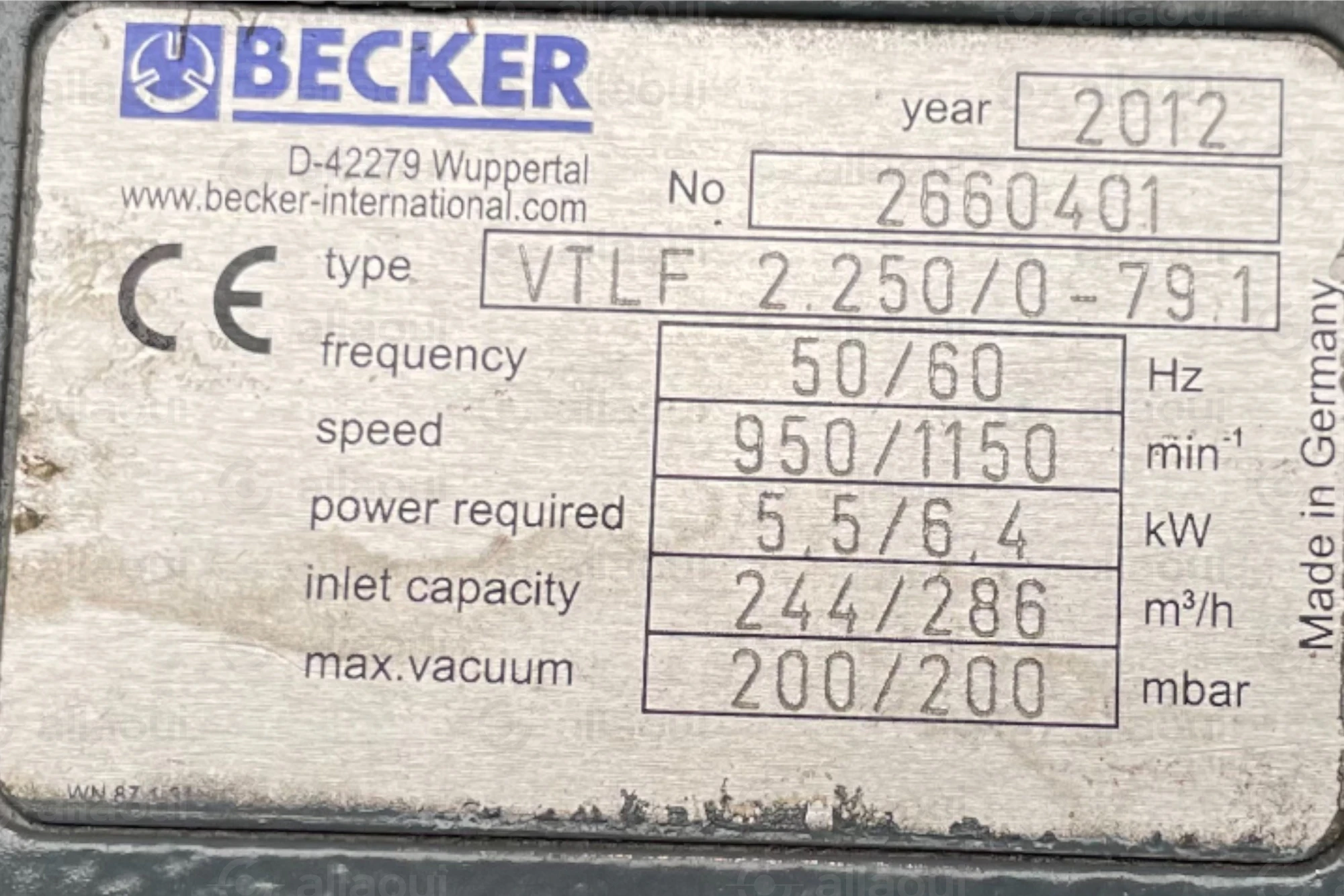 Becker Rotary Vane Vacuum Pump VTLF 2.250/0-79.1